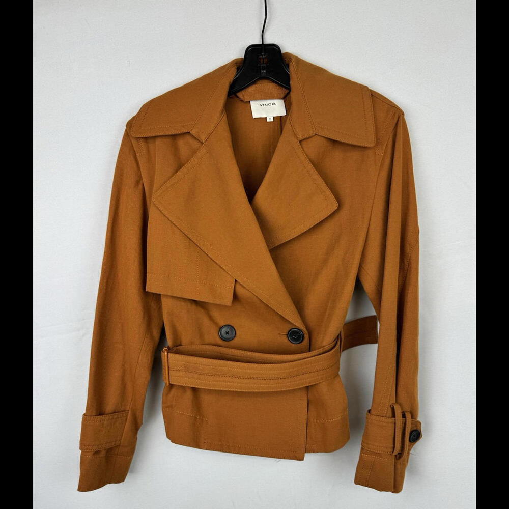 Vince Cropped Belted Jacket Linen Cotton Blend Brown Size XS